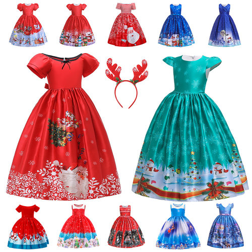 女童圣诞节连衣裙卡通圣诞老人小鹿印花cos裙礼服Christmas dress