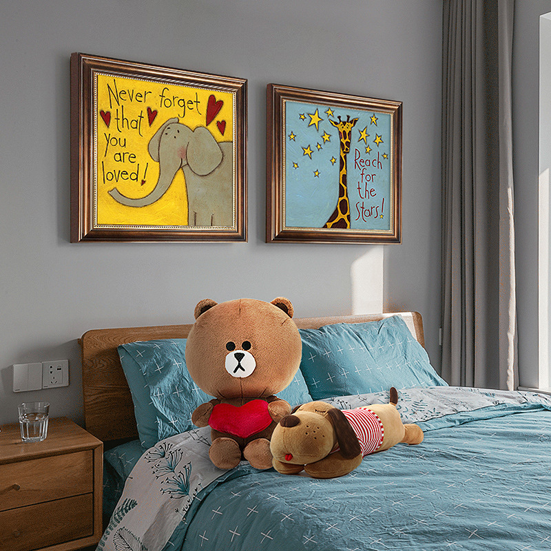 美式复古儿童房装饰画男孩床头卡通动物壁画女孩卧室复古有框挂画图片