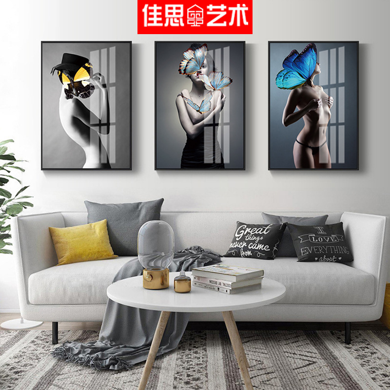 客厅装饰画 沙发背景墙美女蝴蝶创意挂画卧室轻奢三联铝合金壁画图片