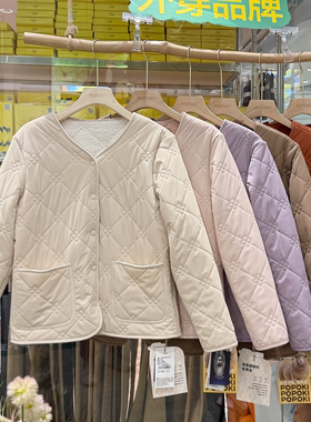 POPOKI秋冬轻薄保暖棉衣女短款绵羊毛棉服外套宽松休闲上衣6025