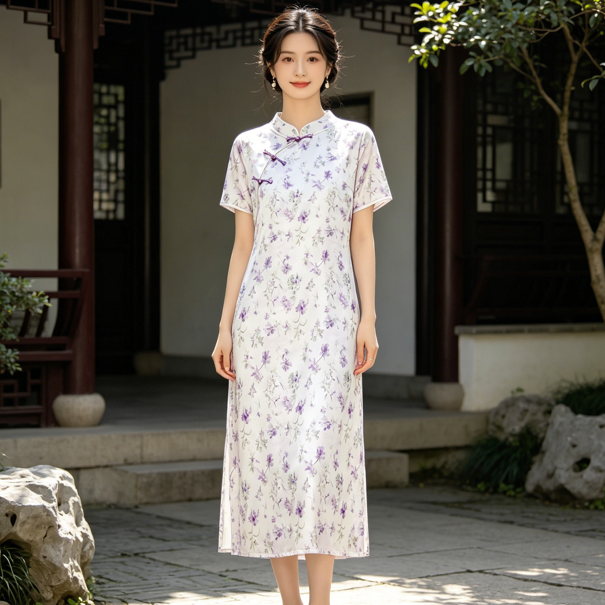 新中式改良旗袍连衣裙夏季短袖高级感气质显瘦提花缎面国风长裙子