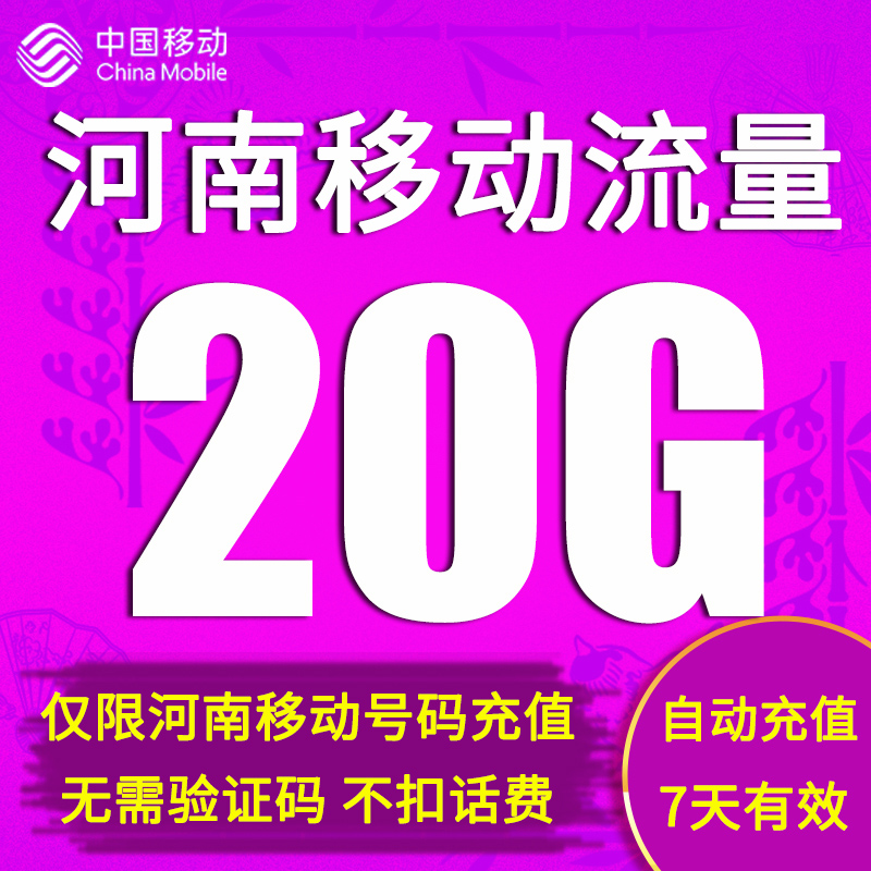 河南移动流量充值20GB全国上网2G3G4G通用流量包加油包 7天有效期