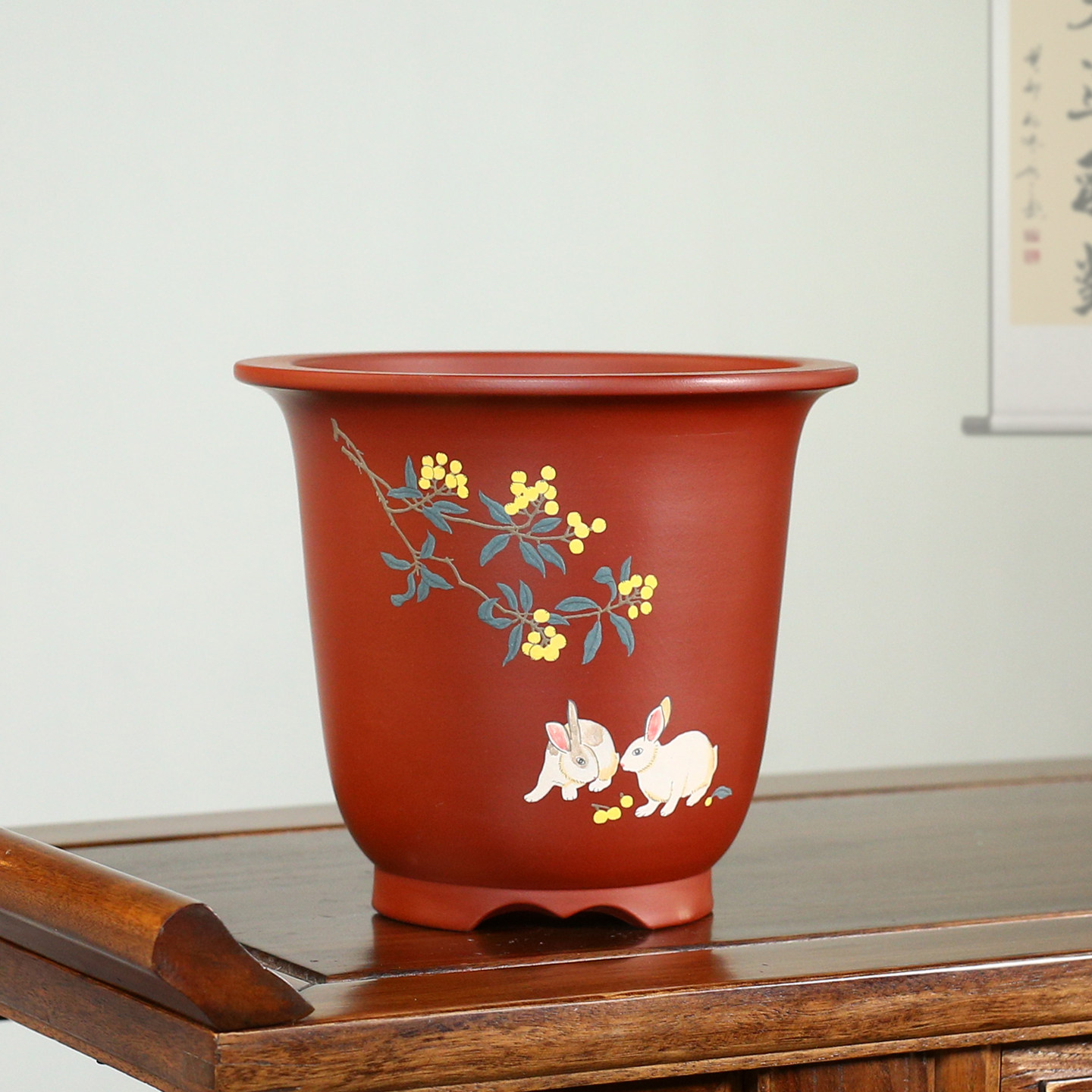 宜兴紫砂花盆精品花盆兰花盆桌面绿植古典花盆大红袍手工刻绘圆形