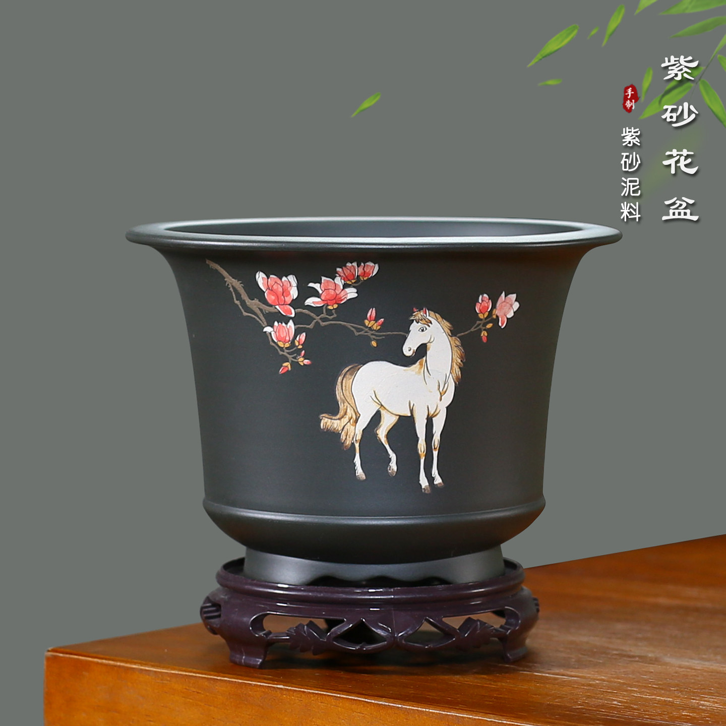 宜兴手工紫砂花盆老料天青大号兰花兰草君子兰蝴蝶兰透气专用花盆