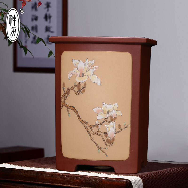 君子兰盆 紫砂兰花盆 室内精品花盆 潘涛手工刻绘四方扁千同花盆