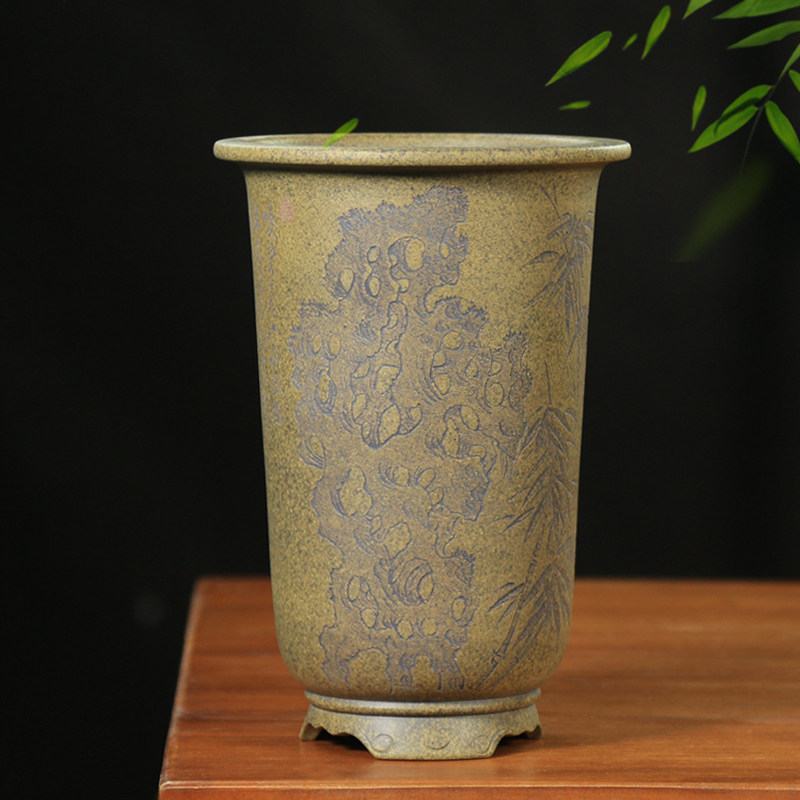 宜兴神力紫砂陶瓷兰花花盆锦石刻绘古典精品手工桌面地面阳台花盆