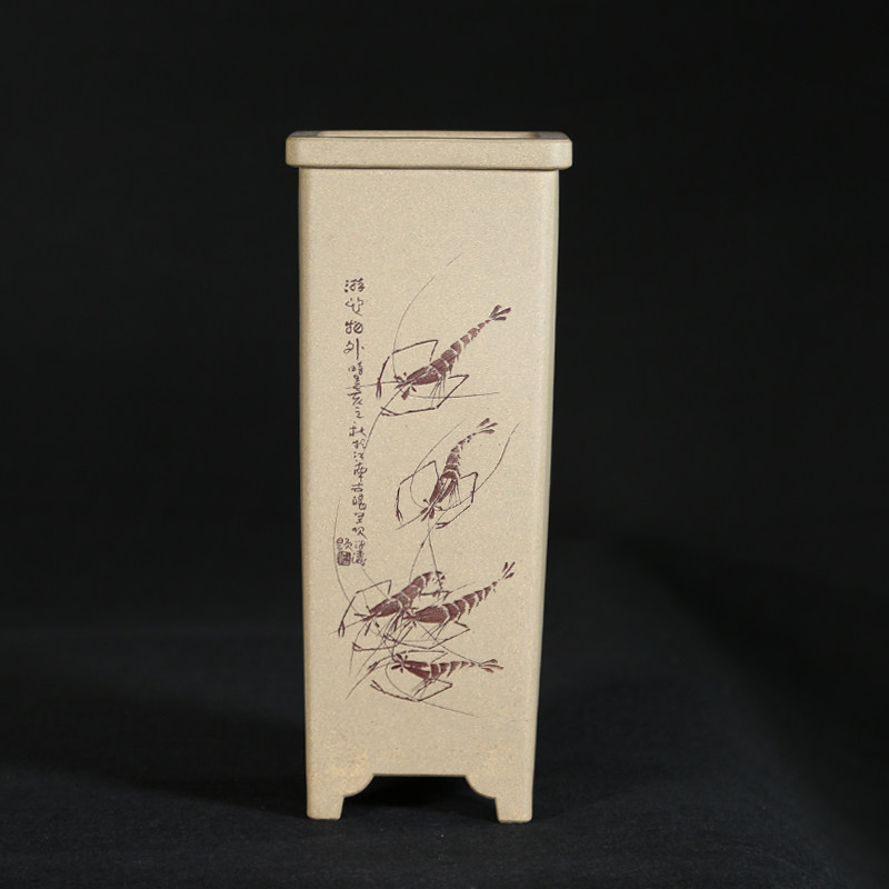 精品紫砂花盆潘涛艺师全手工本山段刻绘悬崖签筒室内书房摆件装饰