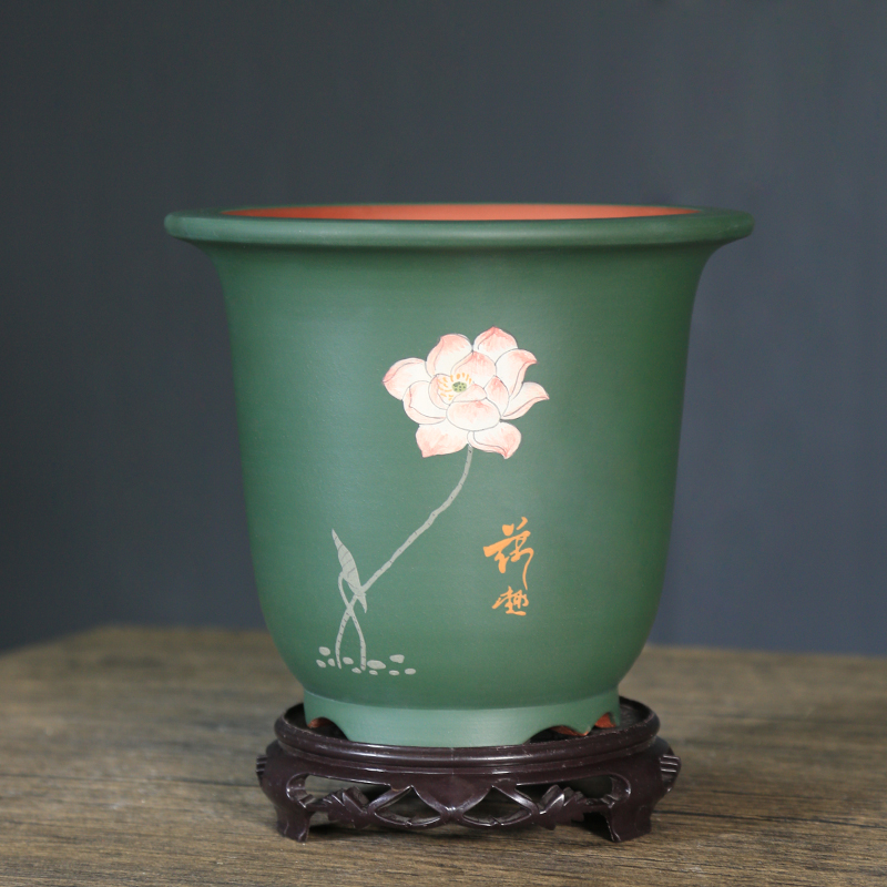 紫砂兰花盆粉绿浆金钟泥绘精品高档圆盆绿植花卉君子兰透气室内