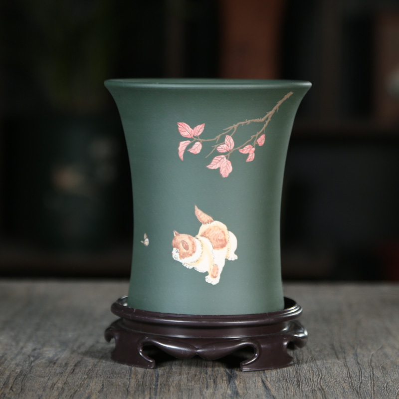 神力紫砂绿泥花盆精品手工束腰泥绘兰花多肉菖蒲掌上植物透气桌面