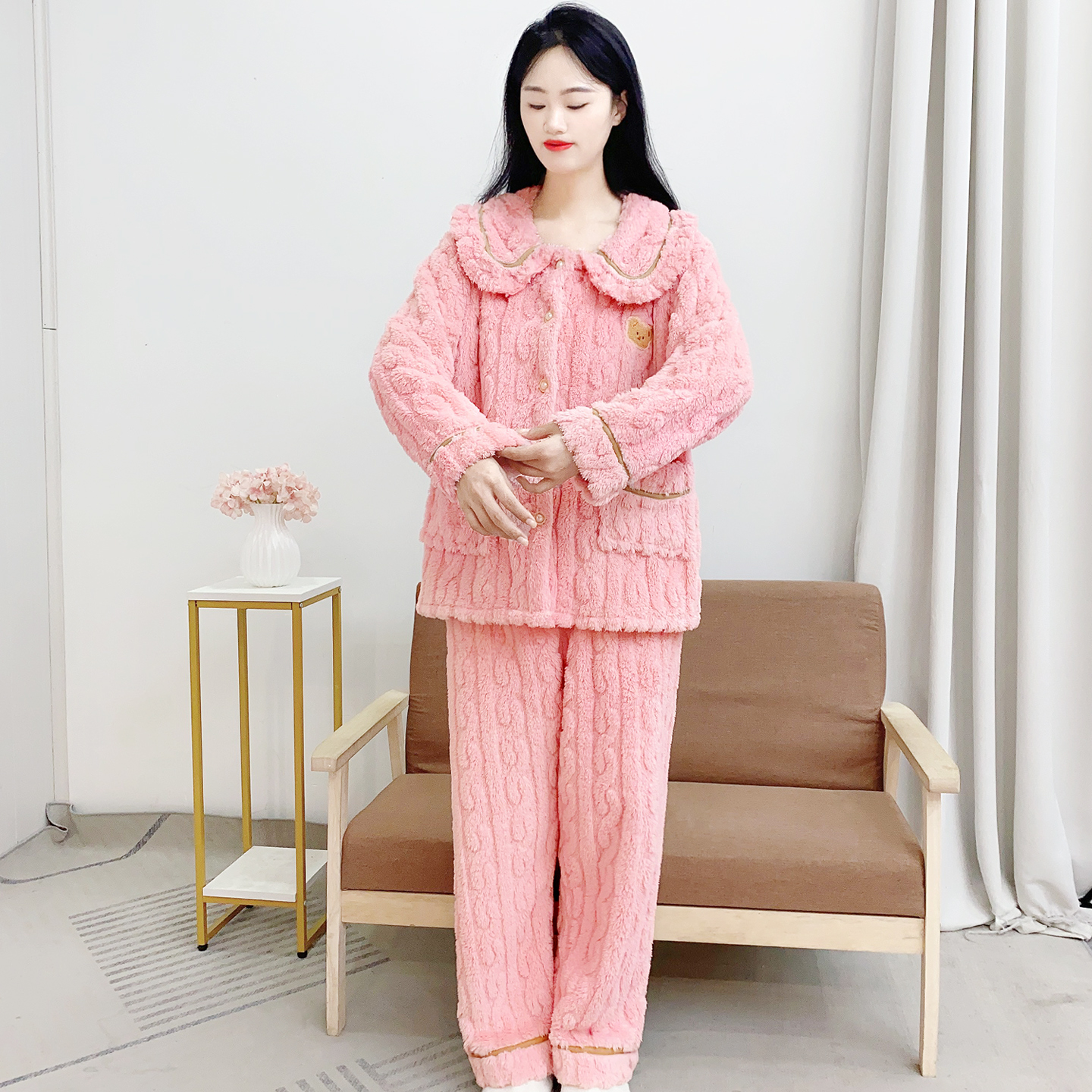 珊瑚绒女士毛睡衣秋冬季加绒加厚保暖法兰绒可外穿家居服套装Y91