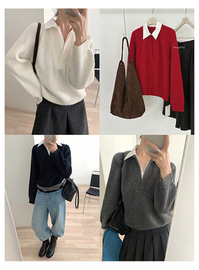 TG 知识分子全羊毛百搭假两件衬衫领拼接套头毛衣女2025冬款26061