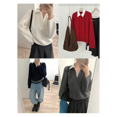 TG 知识分子全羊毛百搭假两件衬衫领拼接套头毛衣女2025冬款26061