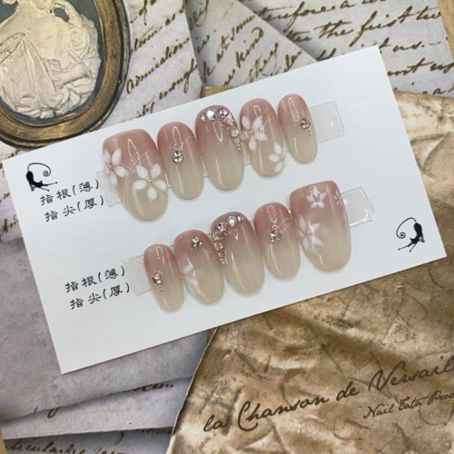 纯手工穿戴甲渐变冰透手绘花温