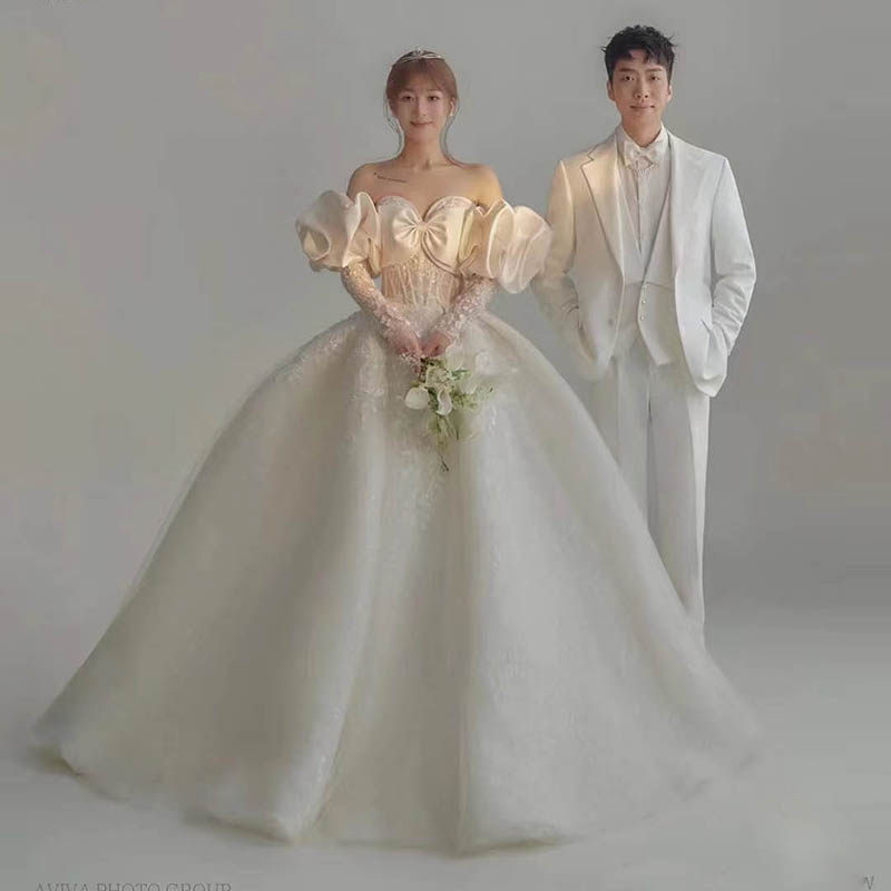 新款影楼主题服装韩版一字肩婚纱摄影公主风写真拍照蕾丝礼服