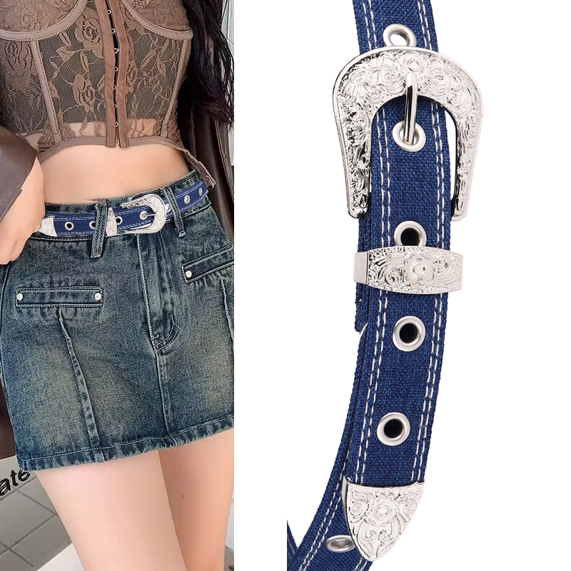 女款牛仔色帆布腰带时尚新款辣妹复古扣头三件套全孔镂空潮流裤带