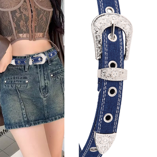 女款牛仔色帆布腰带时尚新款辣妹复古扣头三件套全孔镂空潮流裤带