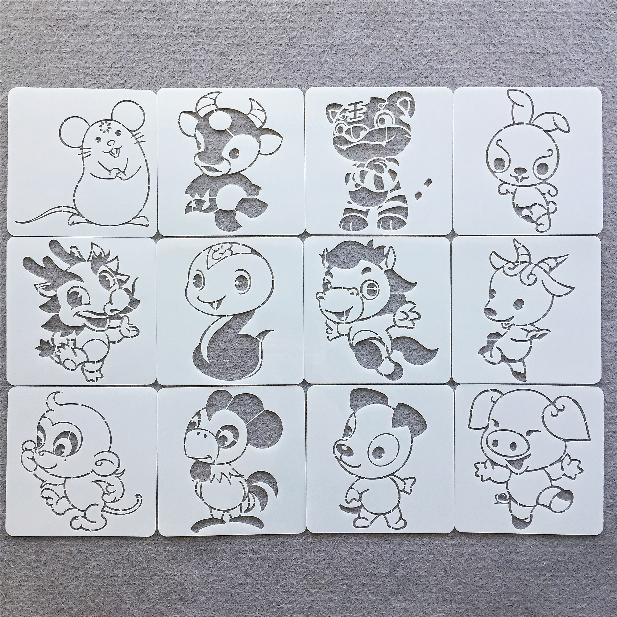 十二生肖漏字绘画模板小动物喷涂绘画镂空模板pet卡通辅助模板