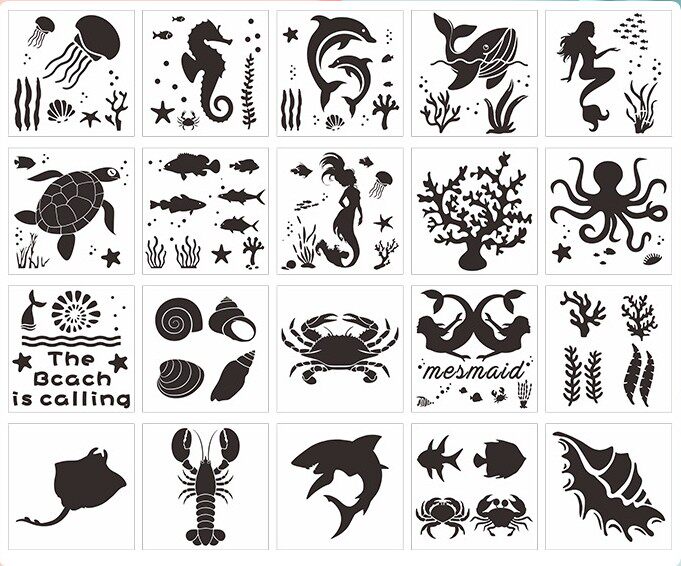 국경 간 뜨거운 판매 PET 중공 그림 템플릿 바다 테마 템플릿 DIY 템플릿 스프레이 스프레이 마스킹 보드 아트
