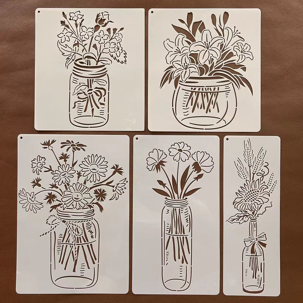 镂空模板植物花束花瓶主题绘画