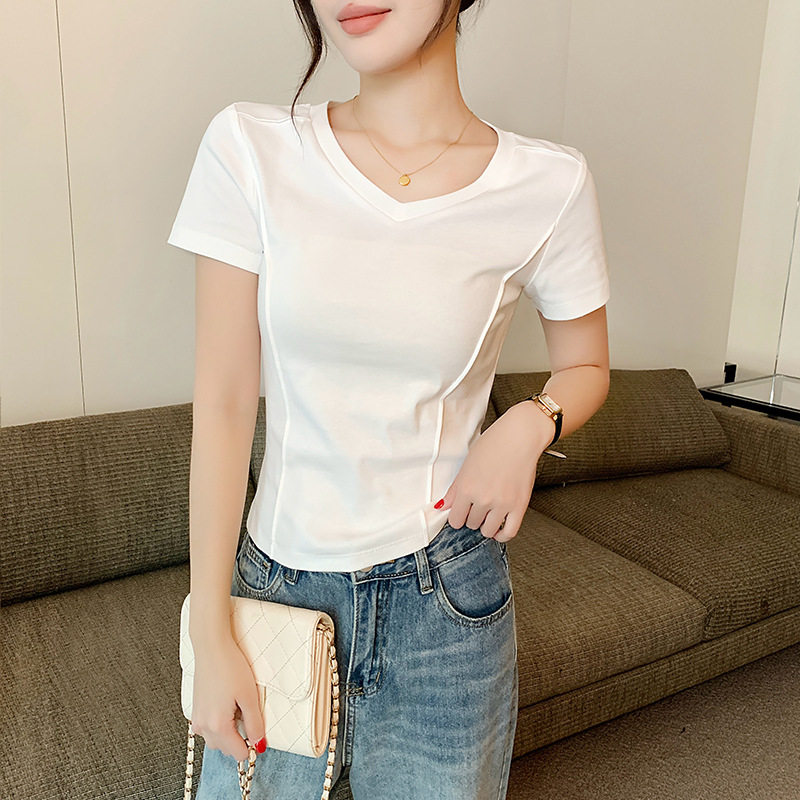 2026黑色T恤女短袖V领夏季新款修身打底半袖设计感鱼骨内搭纯棉上