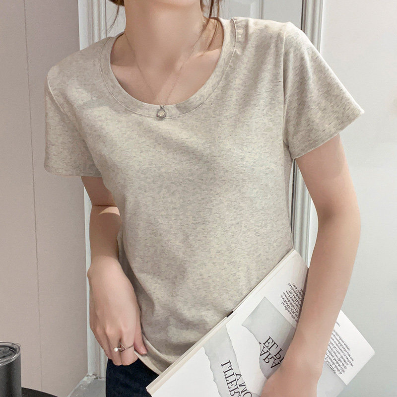 短袖正肩显瘦t恤女夏季纯棉大圆领纯色基础款U领打底小衫上衣