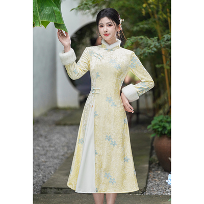 冬季加绒新中式奥黛刺绣旗袍改良