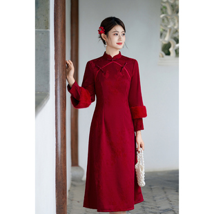新中式红色加绒旗袍女长袖冬装拜年服小个子敬酒服新娘礼服拜年服