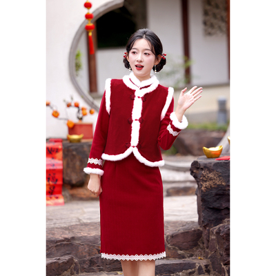 新中式加绒旗袍套装小个子冬装