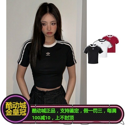 三叶草三条纹短款露脐短袖T恤