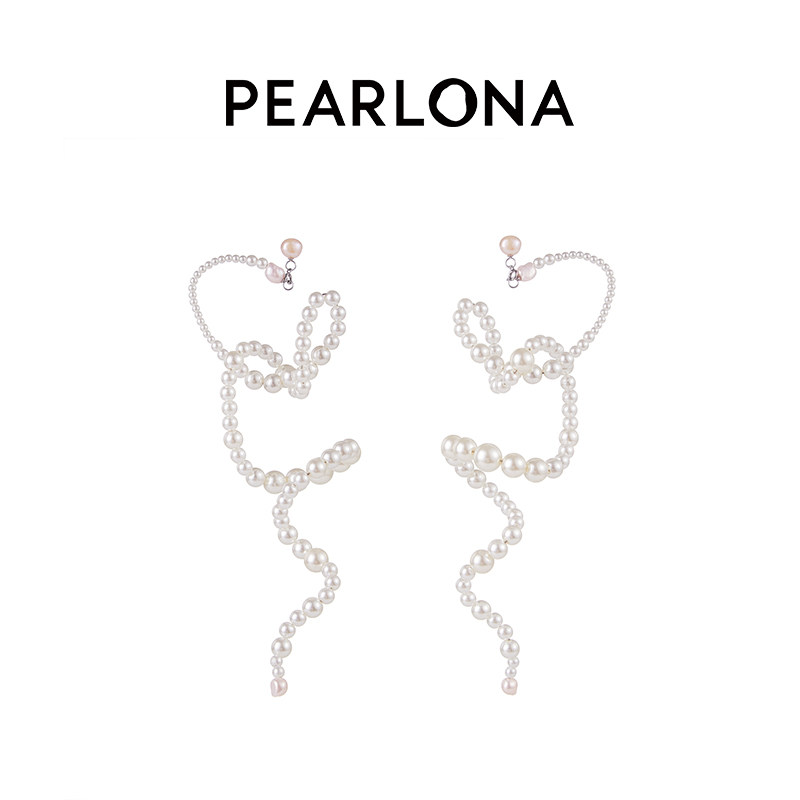 PEARLONA珍珠耳挂复古曲形高级感法式挂耳式耳夹小众原创长款耳饰
