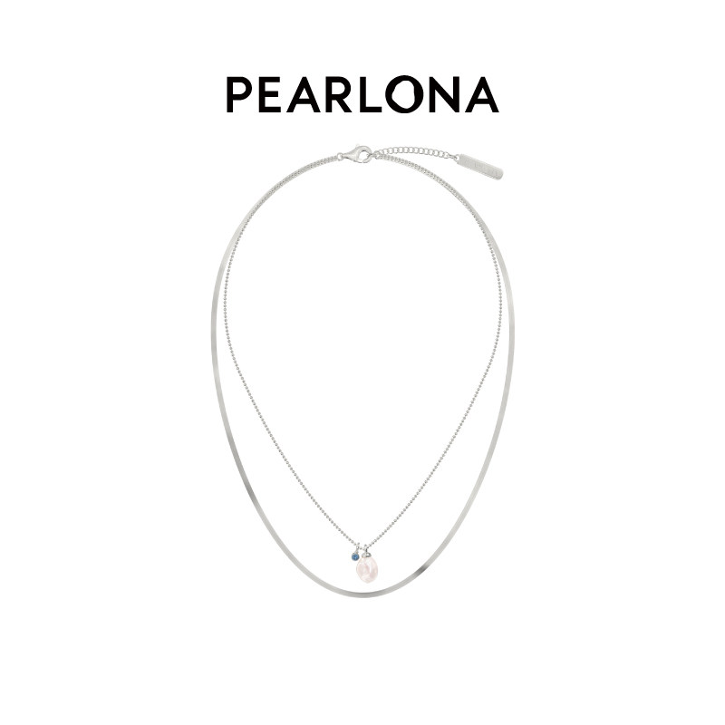 PEARLONA深海浮游小花瓣珍珠海蓝石双层叠戴项链吊坠小众原创设计