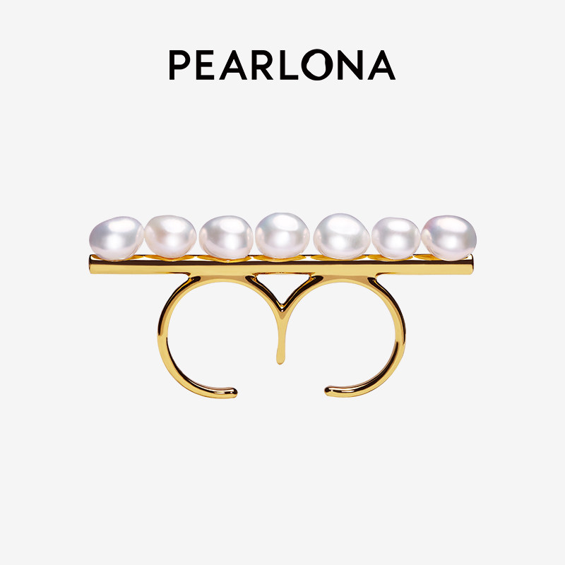 PEARLONA珍珠长条双指戒个性原创设计淡水巴洛克开口戒指小众饰品