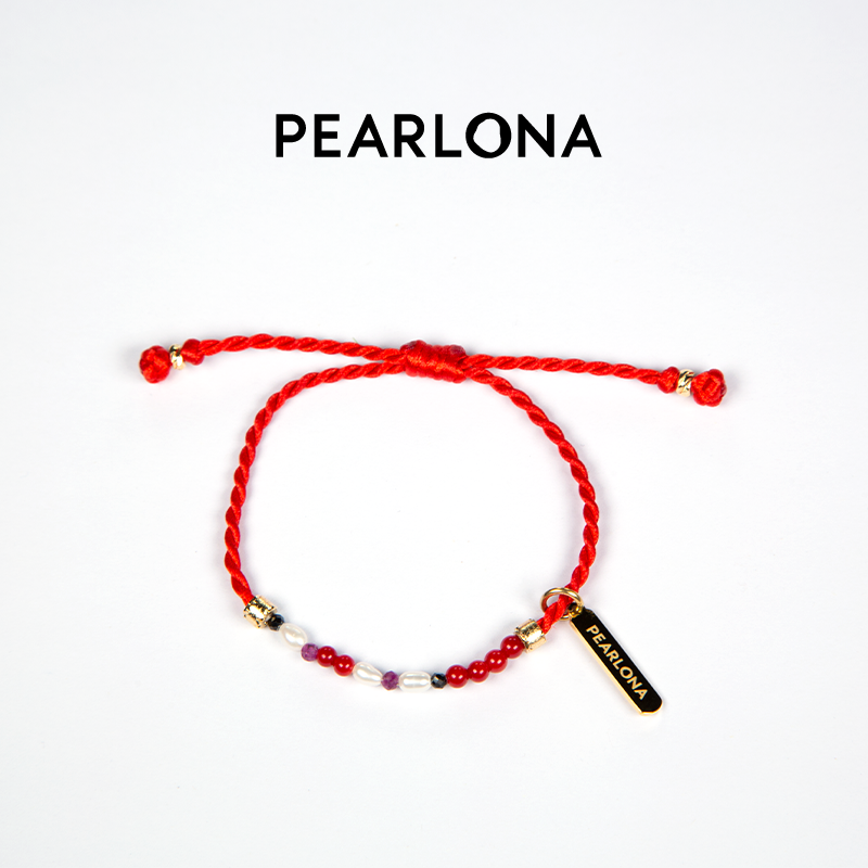 PEARLONA龙年红绳手链珍珠红宝转运RICH摩斯密码红绳女士手串
