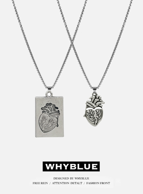 WHYBLUE做旧风心脏方牌情侣项链小众设计感个性创意挂坠男女钛钢