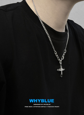 双层镶钻十字架INS钛钢项链