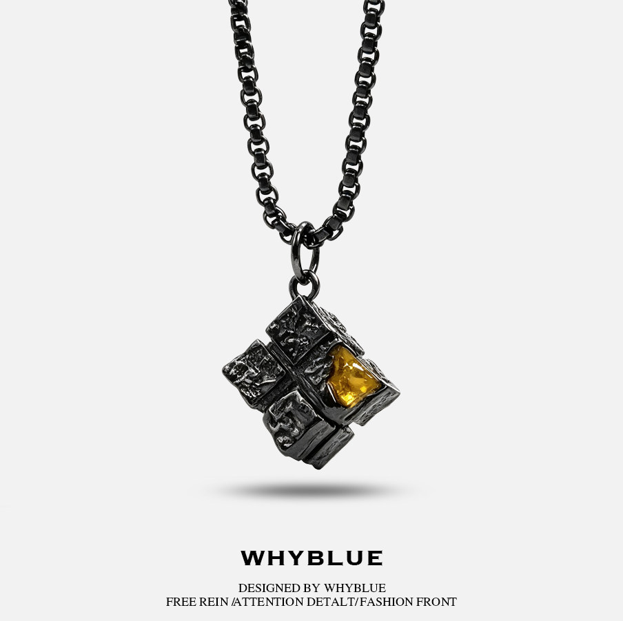 WHYBLUE 黑色异形方块项链男女金属链条小众个性设计感吊坠饰品潮
