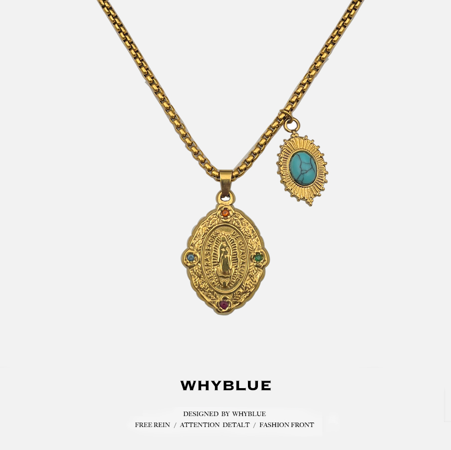 WHYBLUE美式金色镶钻绿松石项链