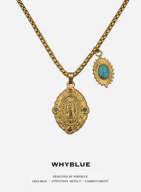 WHYBLUE 美式金色镶钻绿松石项链男轻奢配饰小众高级感锁骨链防水