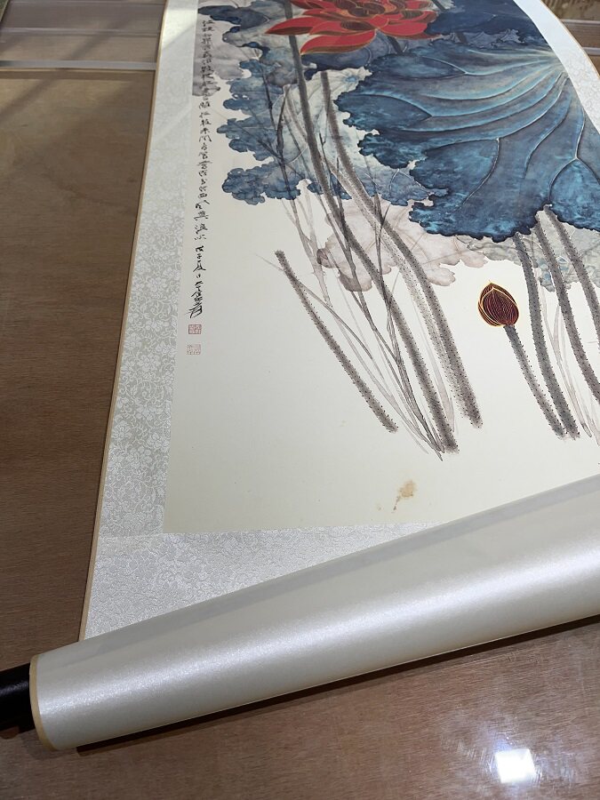 张大千金线荷花客厅酒饭店书房竖轴装饰挂画真迹高清字画复制品