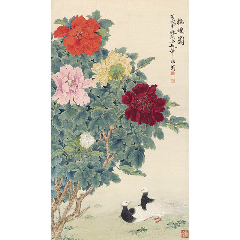 1:1于非闇牡丹鹁鸪图工笔画国画艺术微喷古代名画复制品装饰画