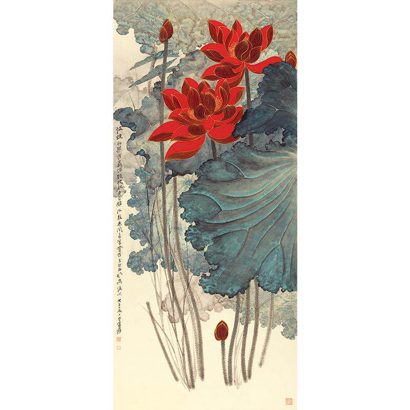 名画高清复制张大千金线荷花国画工笔花卉艺术微喷教学临摹装饰画