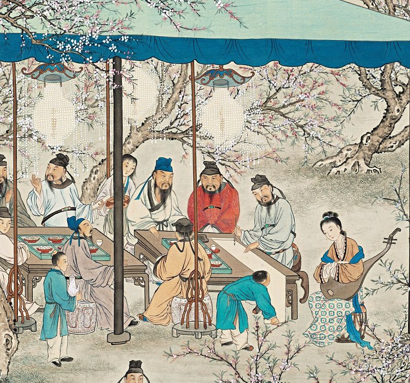 夏荆山-桃李夜宴图 画芯仿古文人聚会画真迹复制人物装饰临摹