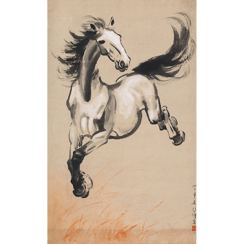 经典名画仿真复制徐悲鸿雪野天马图国画奔马微喷复古字画装饰画