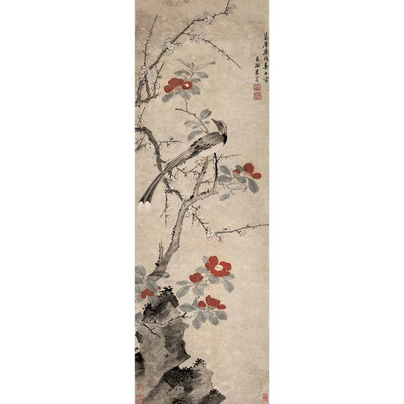 高清原大明代朱竺梅茶山雀图国画花鸟画梅花山茶花微喷字画装饰画