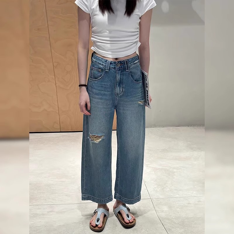 蓝色破洞九分阔腿牛仔裤女2025年夏季薄款大码梨型身材宽松直筒裤