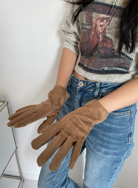 高级感小众设计明线缝边露指仿麂皮手套秋冬纯色可触屏分指手套