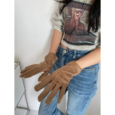 明线缝边可触屏仿麂皮手套