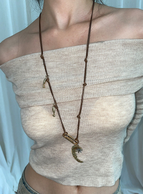 波西米亚风复古做旧月亮吊坠超长款项链新中式蜡绳毛衣链可做腰链