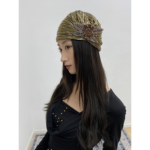 千禧风y2k辣妹花朵钉珠帽子盖茨比风气质显脸小大弹力针织帽头巾