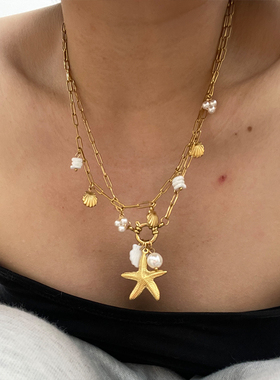 度假风海星贝壳金色叠戴项链